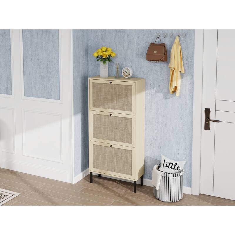 Shoe Storage Cabinet with 3 Flip Drawers, Freestanding 3-Tier Shoe Rack, Slim Shoe Organizer with Half Round Woven Rattan Doors