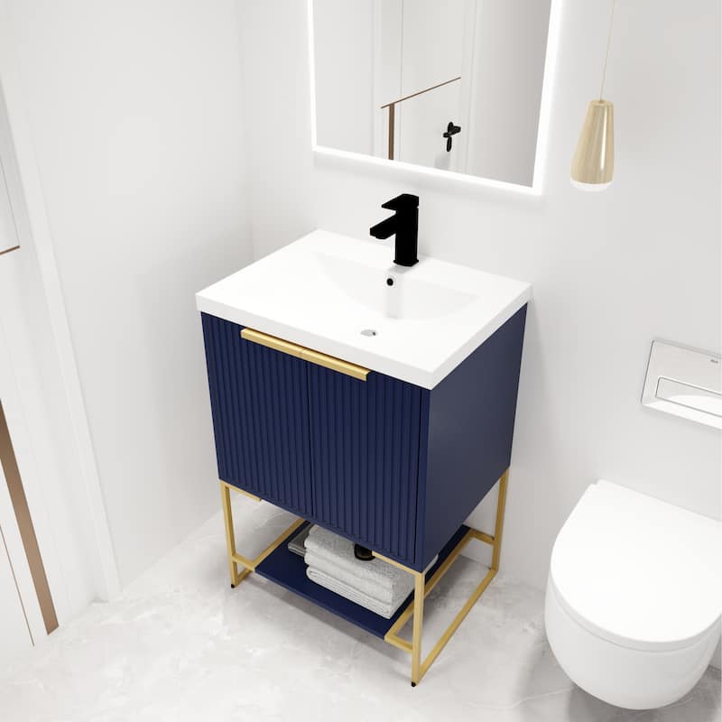 Malwee 24"/30"/48" FreeStanding Bathroom Vanity, Floor Stand Bathroom Vanity with Resin Top,Soft Close Door & Drawer - 23.6×18.1×35 - Navy Blue