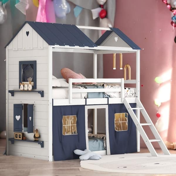 slide 2 of 34, Playhouse Design Impression & Beautiful Twin Size Bunk Wood House Bed with Elegant Windows, Sills and Tent White+Blue