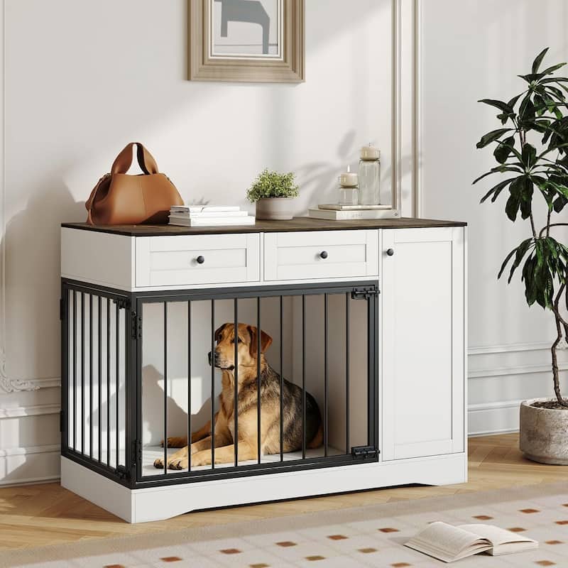 47" Farmhouse Dog Crate Furniture, Dog Cage Buffet Cabinet for Small Medium Dogs - White