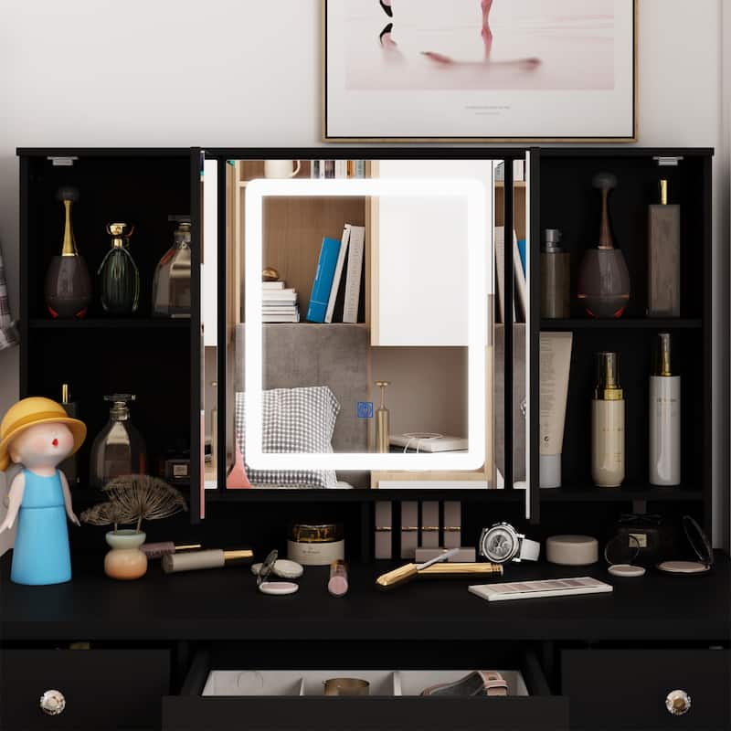 Spacious Vanity Desk with Mirrored Storage Cabinets - A Beauty Oasis
