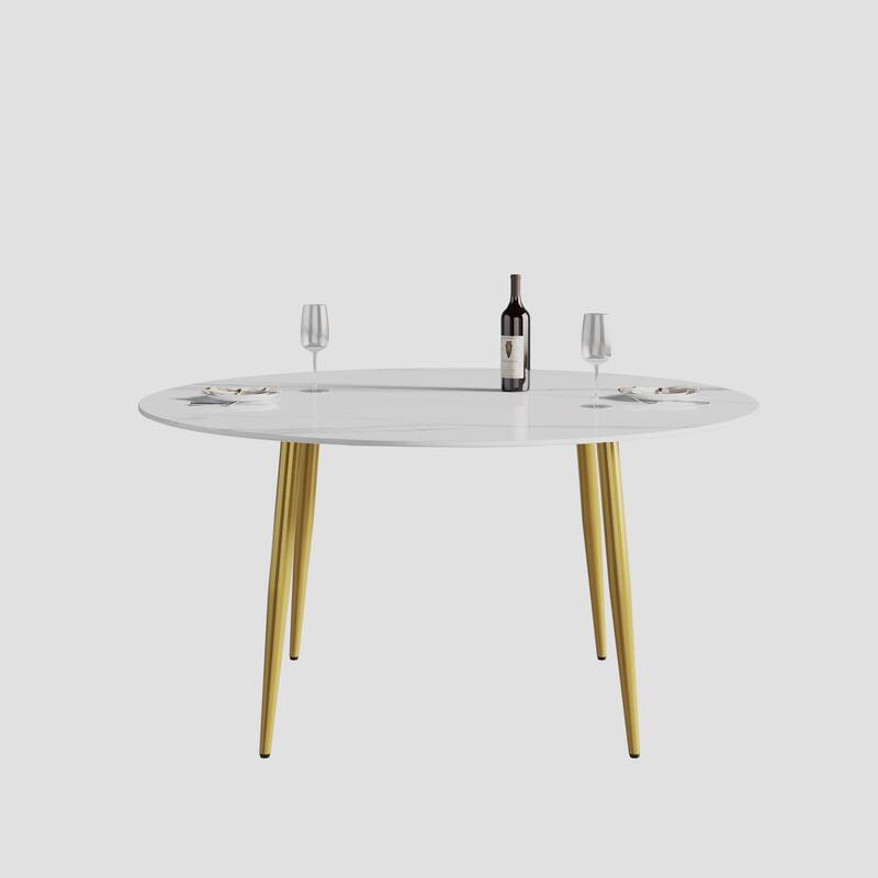 59" White Round Dining Table with Marble Top and Metal Legs