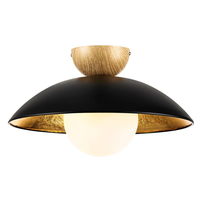 14.5 in. 1-Light Black/White Finish Wood Gold Leaf Dome Semi-Flush Mount Light with Opal Glass Globe
