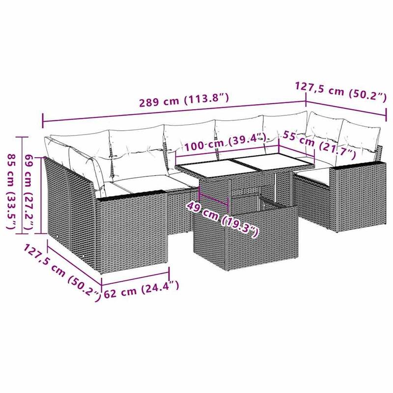 vidaXL Patio Sofa Set with Cushions Outdoor Furniture 8 Piece Poly Rattan - 21.7 x 39.4 x 28.7 in