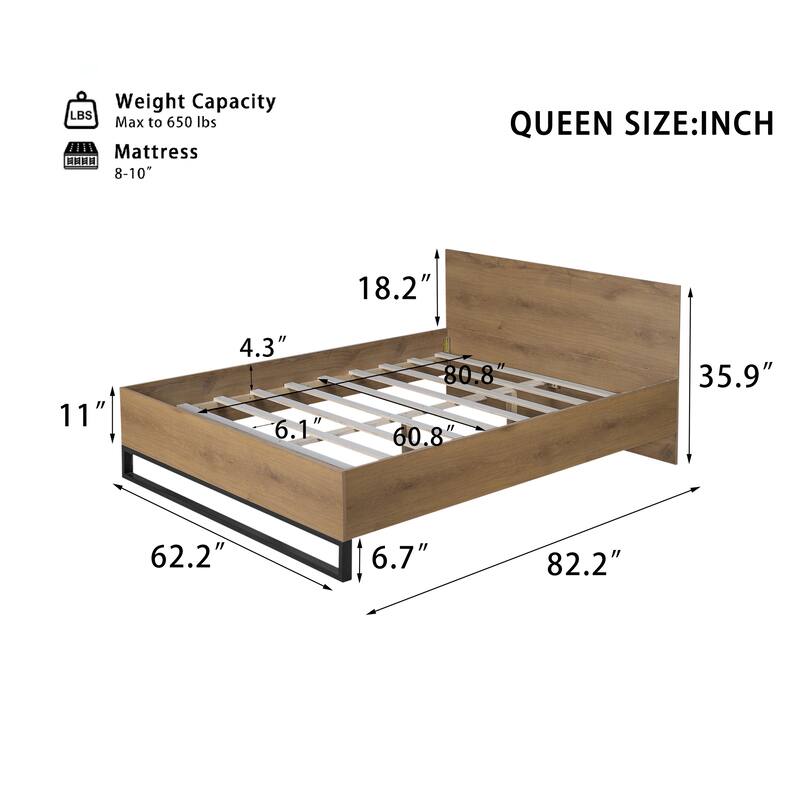 Solid Wood Rustic Platform Bed with Headboard, Wooden and Metal Bed Frame, Wood Slats Support, No Box Spring Needed