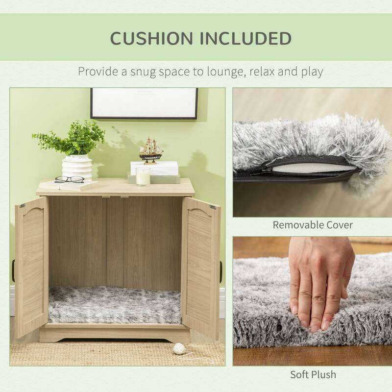 PawHut 3-in-1 Cat Litter Box Furniture Hidden, Cat Cabinet Bed, End Table with Rattan, Kitty Bed with Plush Foam Cushion