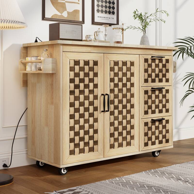 3D Woven Checkerboard Pattern Kitchen Island with Drop Leaf, Internal Storage Rack, Power Outlet, 3 Drawers and 2 Cabinets
