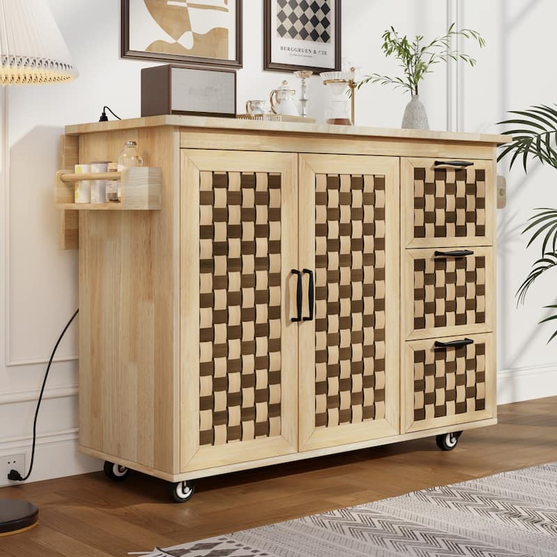 53 Inch Kitchen Island 3D Woven Drop Leaf 3 Drawers 2 Cabinets Power Outlet Natural