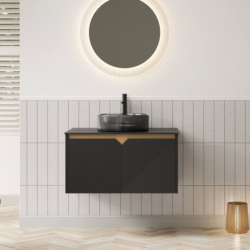GDFStudio - Ruben Modern Floating Bathroom Vanity with Twill Double Doors, Metal Trim & Black Sintered Stone Countertop