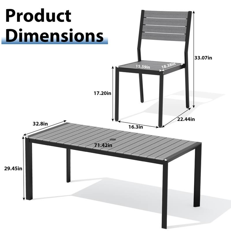 7-Piece Outdoor Patio Dining Set Wood Like Table Top Aluminum Rectangular Umbrella Hole Table with Stackable Chairs