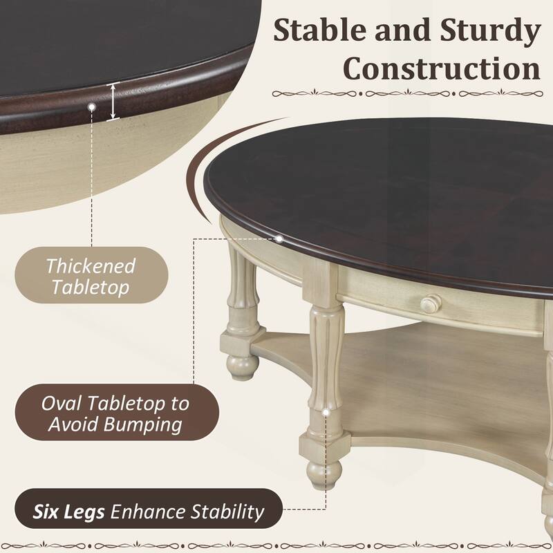 Vintage Oval Coffee Table with Multiple Storage Options and Sturdy Construction