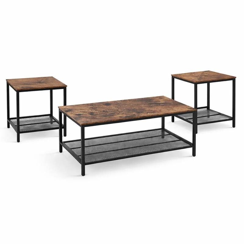 FurnitureR Industrial 3-Piece Coffee Table Set with 2 End Tables, Metal Frame Living Room Table Set