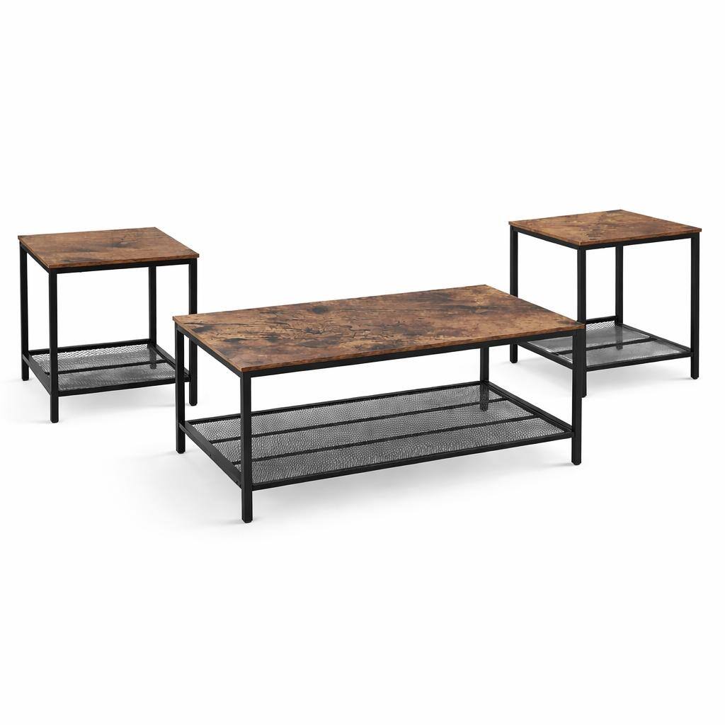 FurnitureR Industrial 3-Piece Coffee Table Set with 2 End Tables, Metal Frame Living Room Table Set