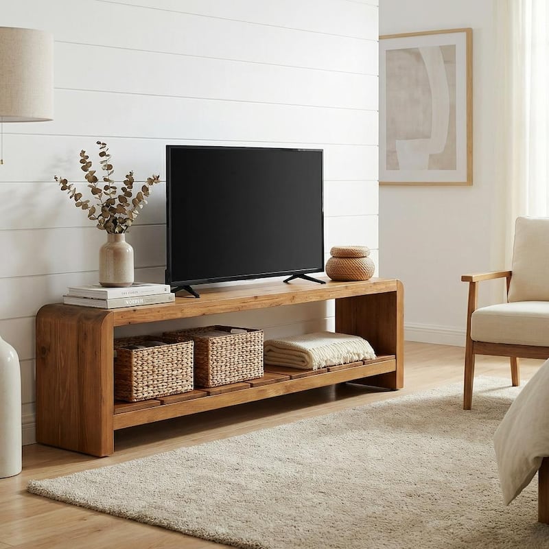 59" TV Stand for 55/60/65-Inch TVs, Solid Wood TV Console with Storage Shelf