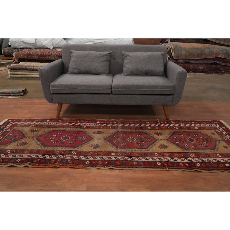 Hand Knotted Oriental 100% Wool Carpet Traditional Geometric Brown Sarab Runner Rug - 8' 6'' X 3' 0''