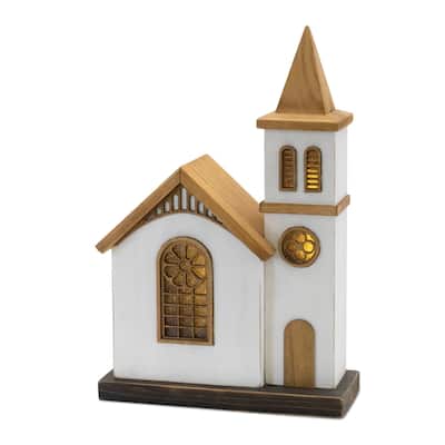 White and Brown LED Wooden Church with USB Cord Include for Indoor Christmas Decoration Holiday Accent