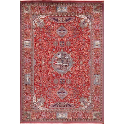 Pictorial Red Floral Kashan Turkish Area Rug Machine Made Carpet - 9'8" x 13'1"