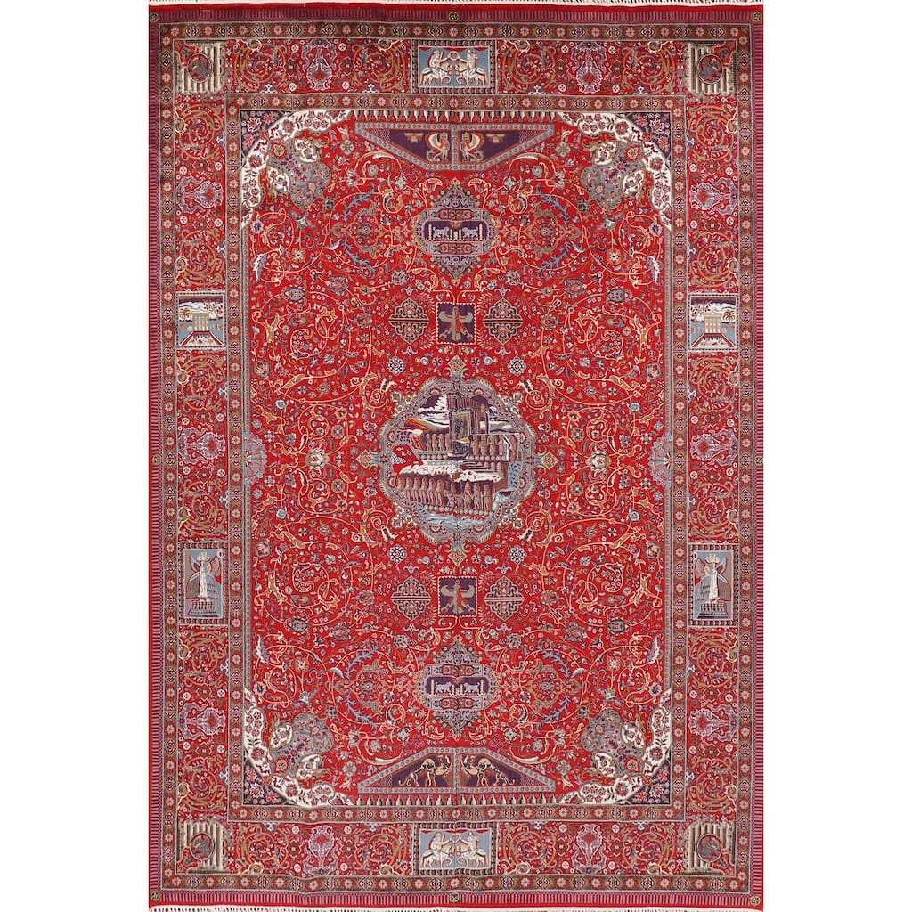 Pictorial Red Floral Kashan Turkish Area Rug Machine Made Carpet - 9'8" x 13'1"