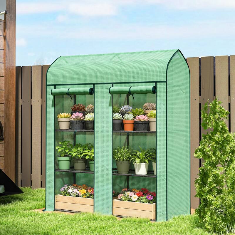 Outsunny 3 Tier Mini Greenhouse, 56.3" x 18.1" x 65" Small Portable Greenhouse with 2 Roll-up Doors - Portable