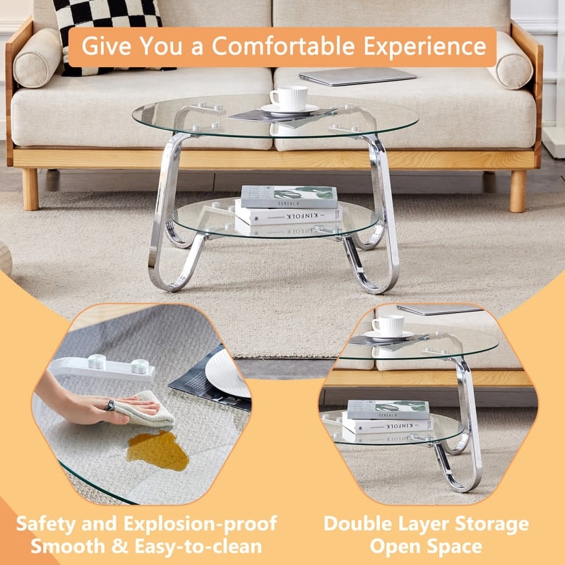 Vintage Minimalist Metal & Glass Coffee Table - 31.5" Square, Double Layer Tempered Glass