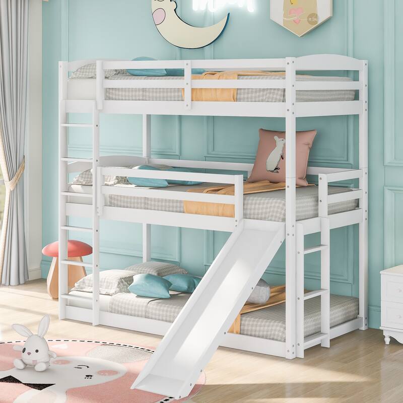Twin Size Triple Floor Bunk Bed with Adjustable Slide & Ladder, Bedroom