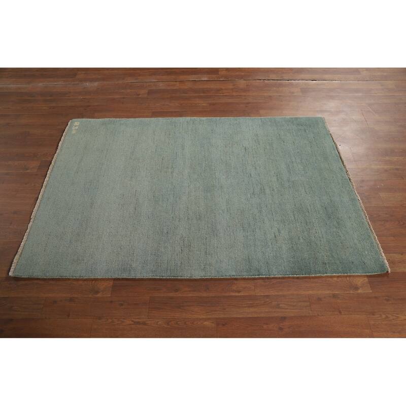 Modern Gabbeh Oriental Foyer Rug Hand-Knotted Blue Wool Carpet - 3'5"x 4'11"
