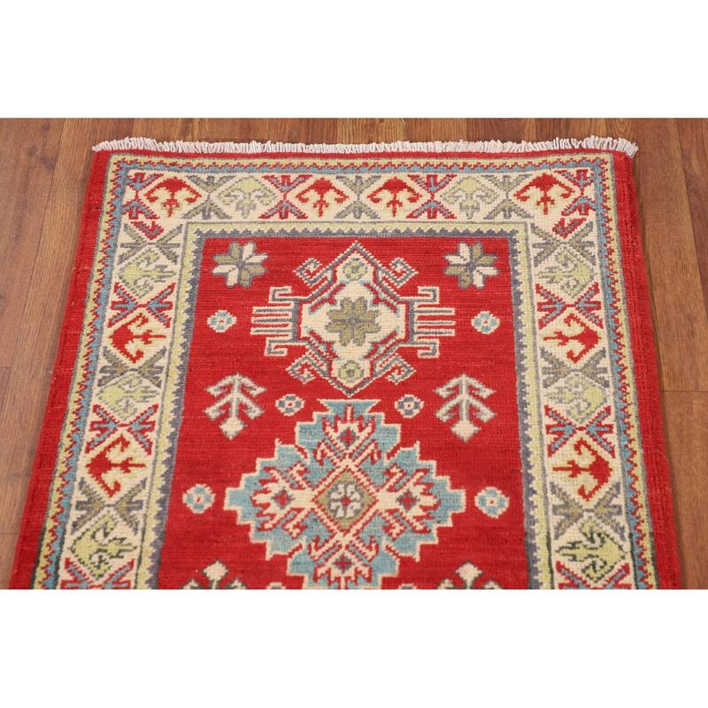 Red Geometric Kazak Oriental Runner Rug Handmade Wool Carpet - 2'1" x 5'10"