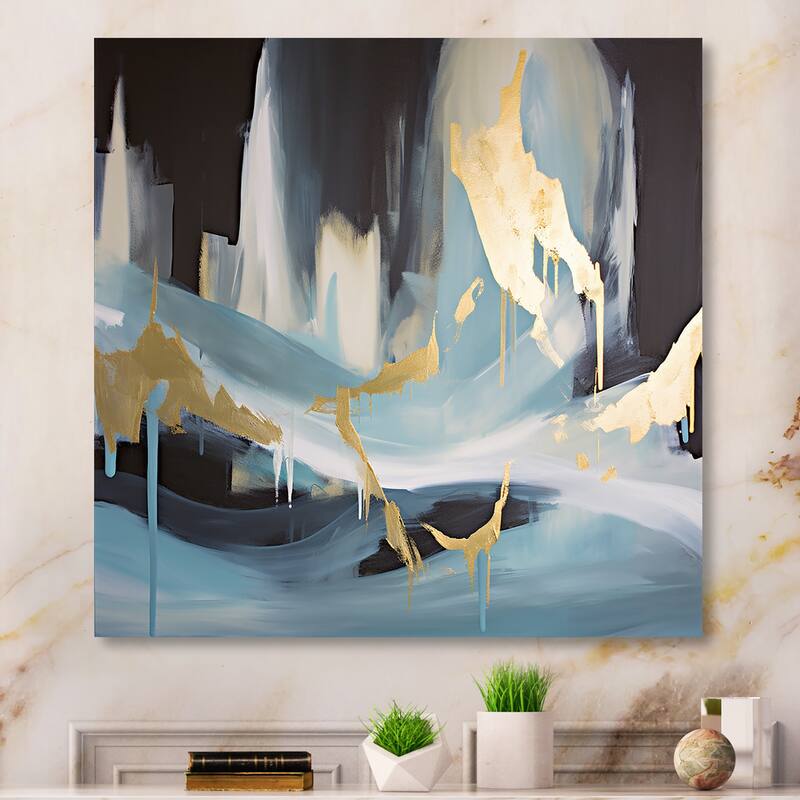 Designart "Gold And Blue Abstract Expression I" Abstract Metal Wall Art - Blue Metal Wall Décor Modern Metal Art Work