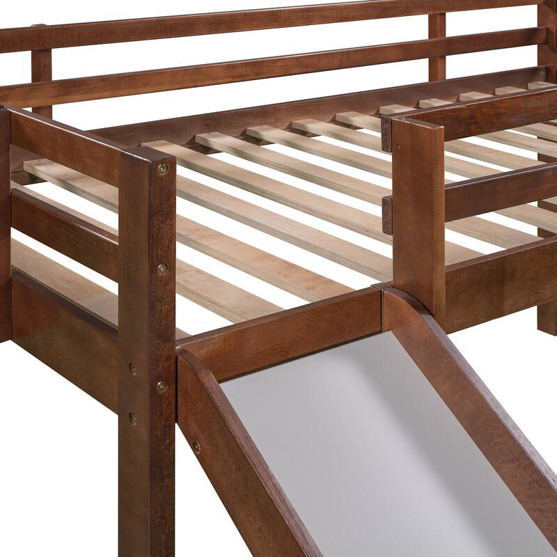 Toddler Low Loft Bed with Slide & Ladder, Pine Wood Bed Frame with