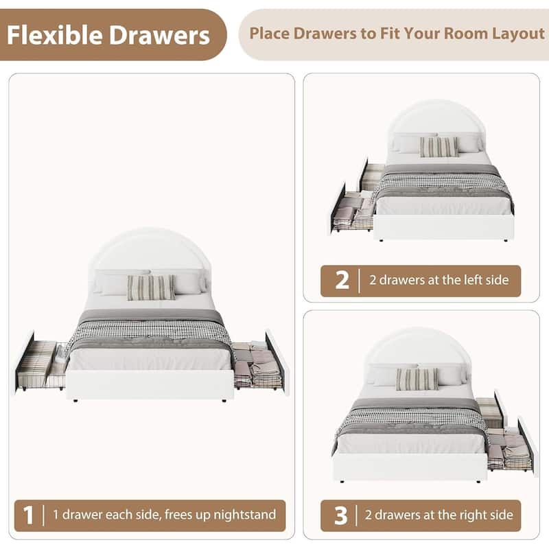 Boucle Upholstered Platform Bed Frame, with 2 Storage Drawers