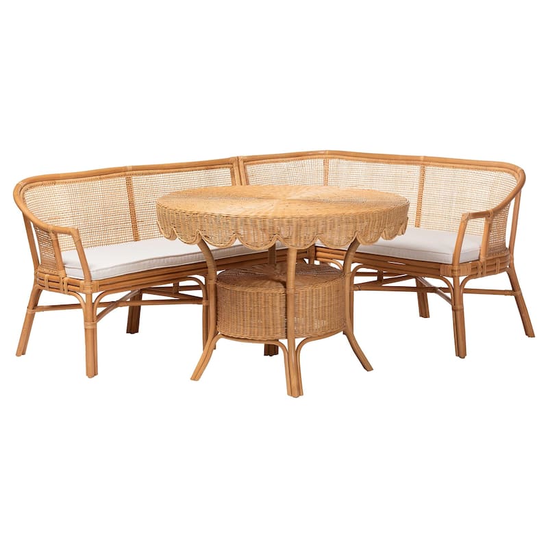 Ceona 3-Piece Natural Rattan Dining Nook Set - L-Shaped Banquette Seating with Pedestal Table, Boho Coastal Style Dining - Light Honey