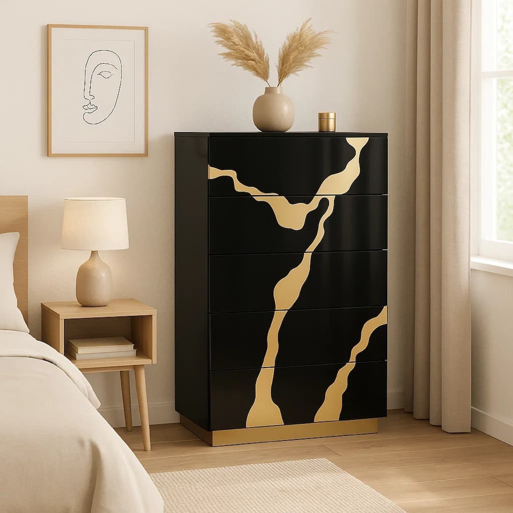 Goldie 5 Drawer Tall Dresser Chest, Black and Gold Wood, Bedroom Storage