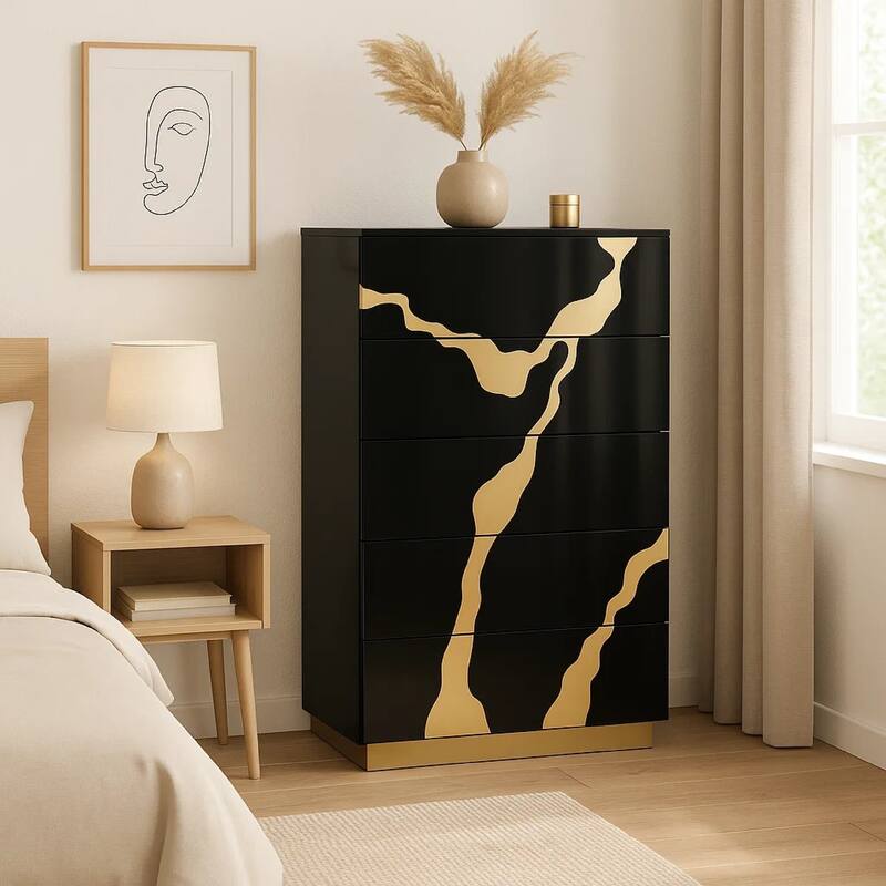 Goldie 5 Drawer Tall Dresser Chest, Black and Gold Wood, Bedroom Storage