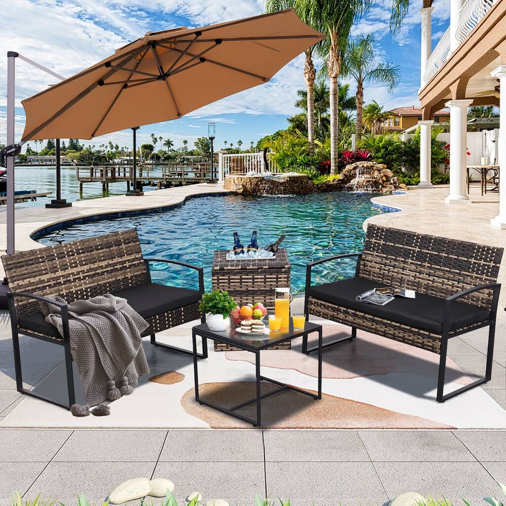 4-Piece Wicker Outdoor Sofa Set, 2 Loveseats, 1 Table, 1 Ice Bucket