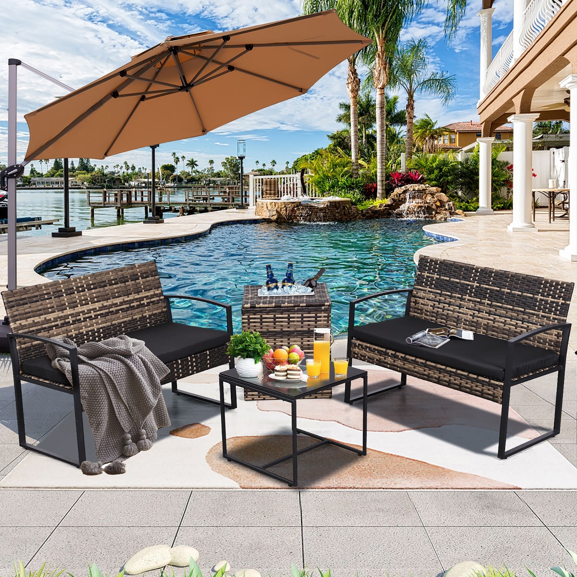 4-Piece Wicker Outdoor Sofa Set, 2 Loveseats, 1 Table, 1 Ice