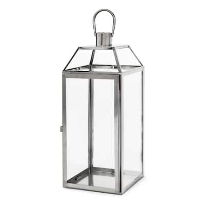 Hari 18 Inch Lantern, Silver Stainless Steel, Wire Handle, Tempered Glass
