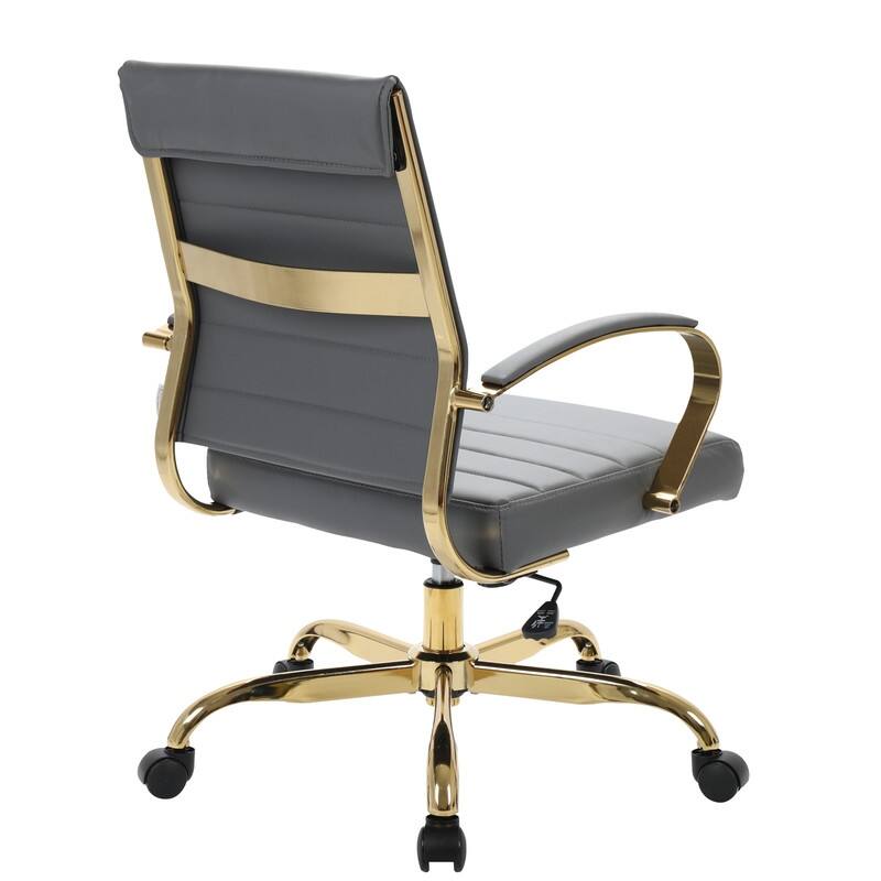 Benmar Mid-Back Leather Office Desk Chair in Gold Stainless Steel Frame Adjustable Height Tilt Lock 360 Swivel Ergonomic Chair
