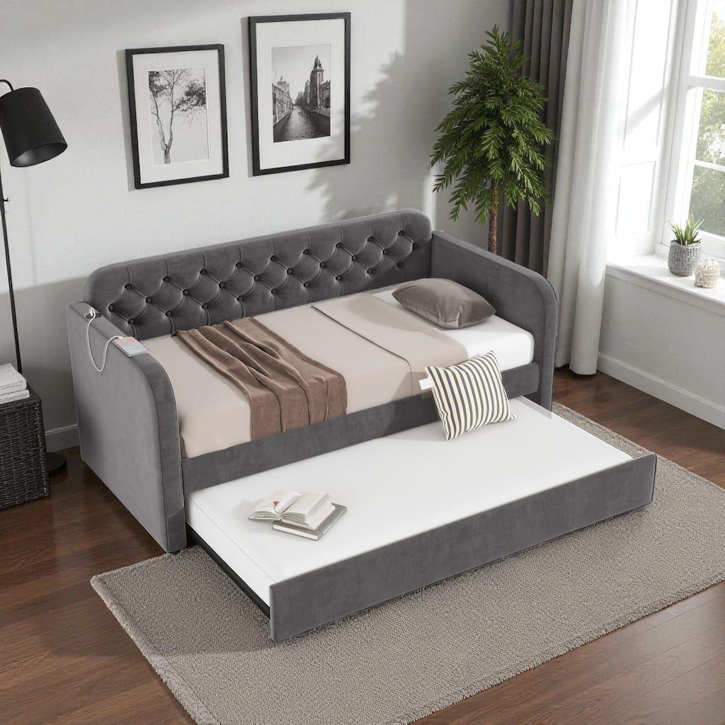 Twin Velvet Upholstered Daybed with Trundle and USB Charging Port, Tufted Backrest Sofa Bed for Bedroom or Living Room