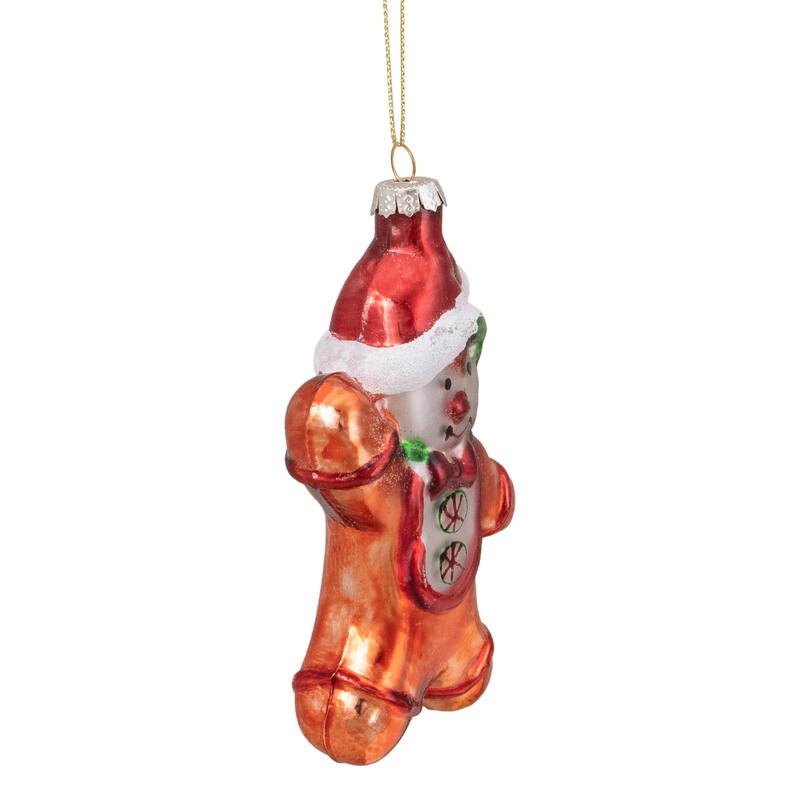 Gingerbread Man with Santa Hat Hanging Glass Christmas Ornament - 5" - Brown