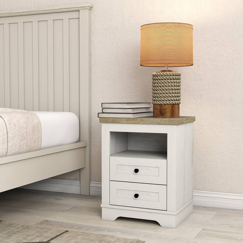 Farmhouse Nightstand with 2 Drawers, Rustic Wood End Table for Bedroom & Living Room, Antique White