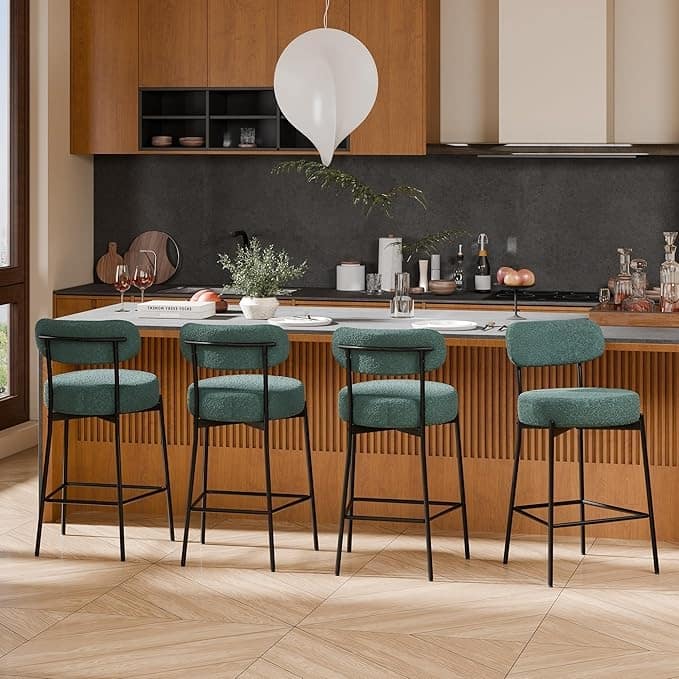 XINMICS 24 Inches Modern Counter Height Bar Stools with Curved Back Metal Legs, Upholstered Boucle Barstools, Set of 2/3/4 - Set of 4 - Green - Counter Height