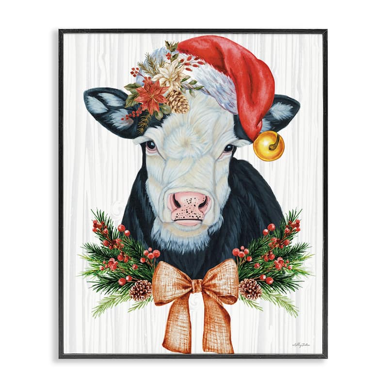 Stupell Festive Cow in Christmas Hat Framed Giclee Art Design By Ashley Justice - 11 x 14 - Black