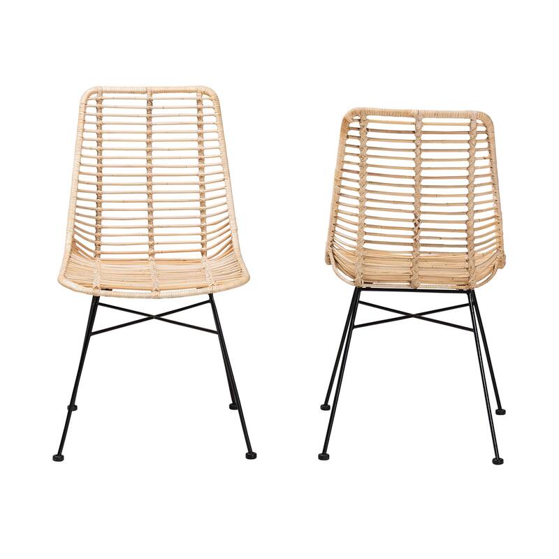 Manhattan Modern Bohemian Natural Brown Rattan and Black Metal 2-Piece Dining Chair Set