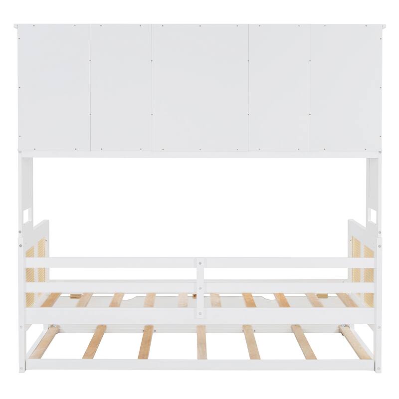 Wooden Daybed with Twin Trundle, Boho Style Rattan and Pinewood Platform Sofa Bed with All in One Cabinet and Shelf
