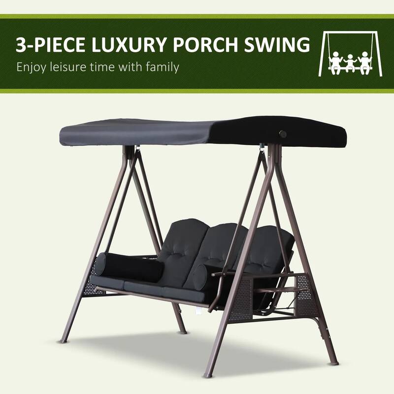 3-Seat Patio Swing Chair, Adjustable Canopy, Side Trays, Comfort Set