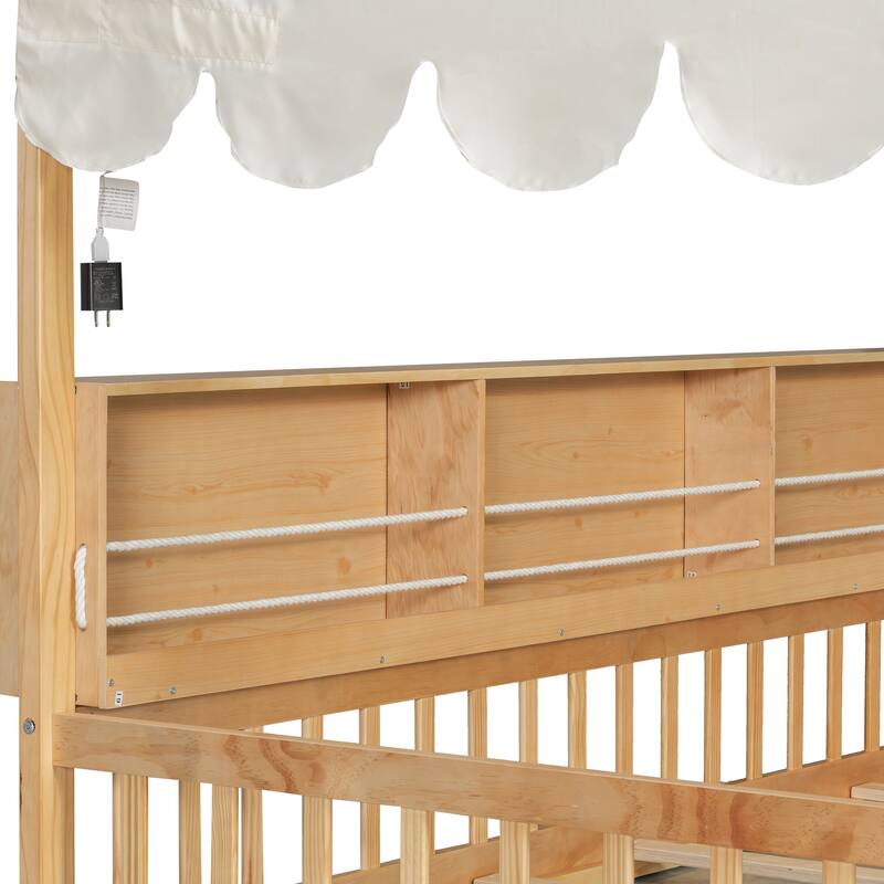 Full-Size Floor House Bed with Fence, Book Nook Shelves, Curtain & LED Lights by Harper&Bright Designs