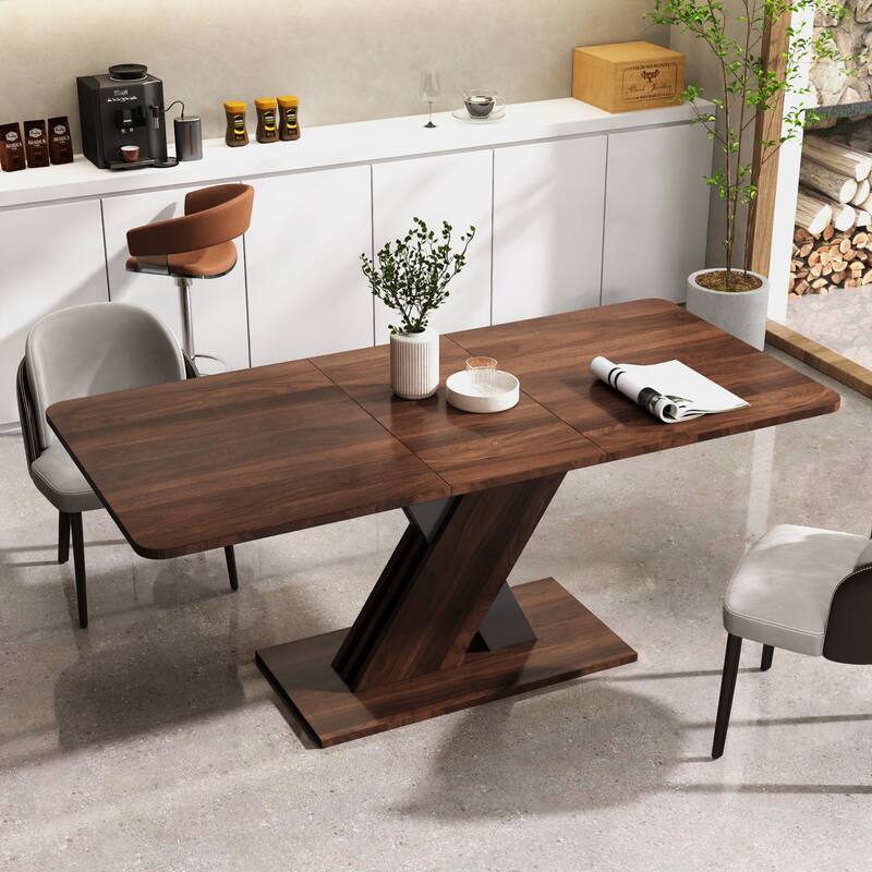 Extendable Dining Table Staggered X Base Particle Board Modern Design - Walnut