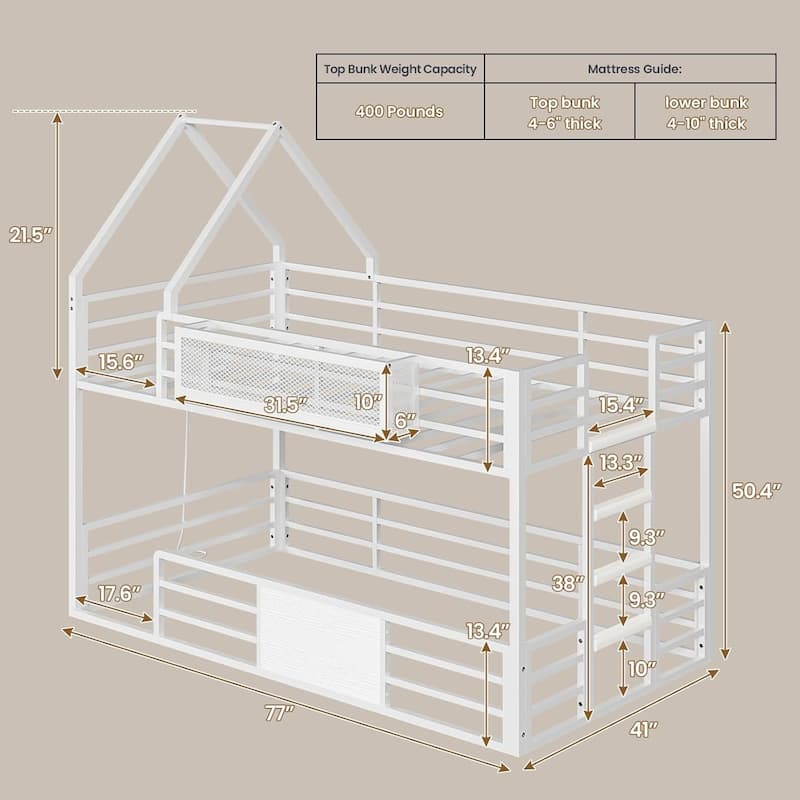 House Low Loft Bed Twin Size Storage Drawers Bookcase LED Lights