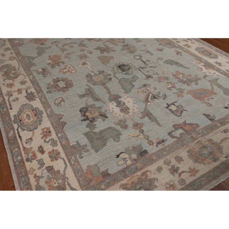 Blue Floral Oushak Turkish Area Rug Handmade Wool Carpet - 8'0"x 9'7"