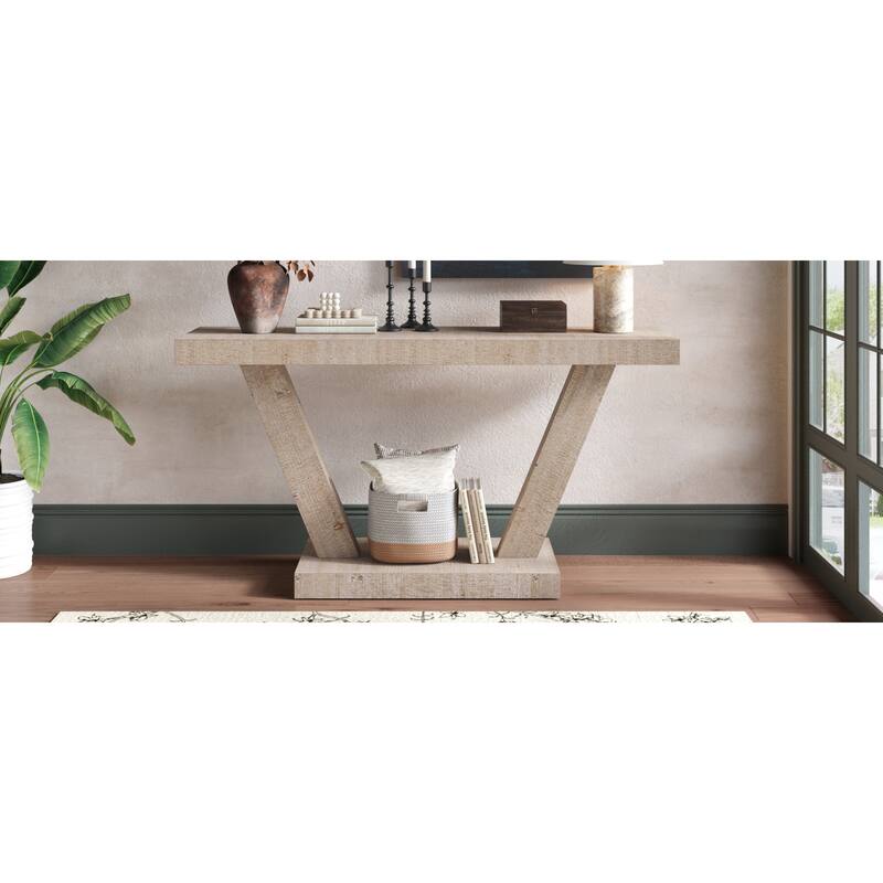 Roomfitters 60" Farmhouse Entryway Bench, Distressed Wood Storage Cabinet with 2 Tiers for Hallway